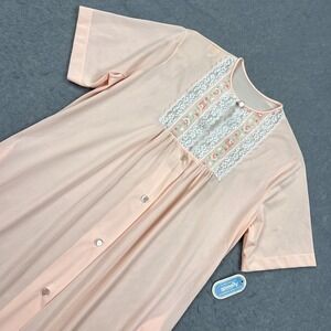 VTG Katz Nightgown Women's Medium Pink Sheer Antron III Lace Button Up Dress USA